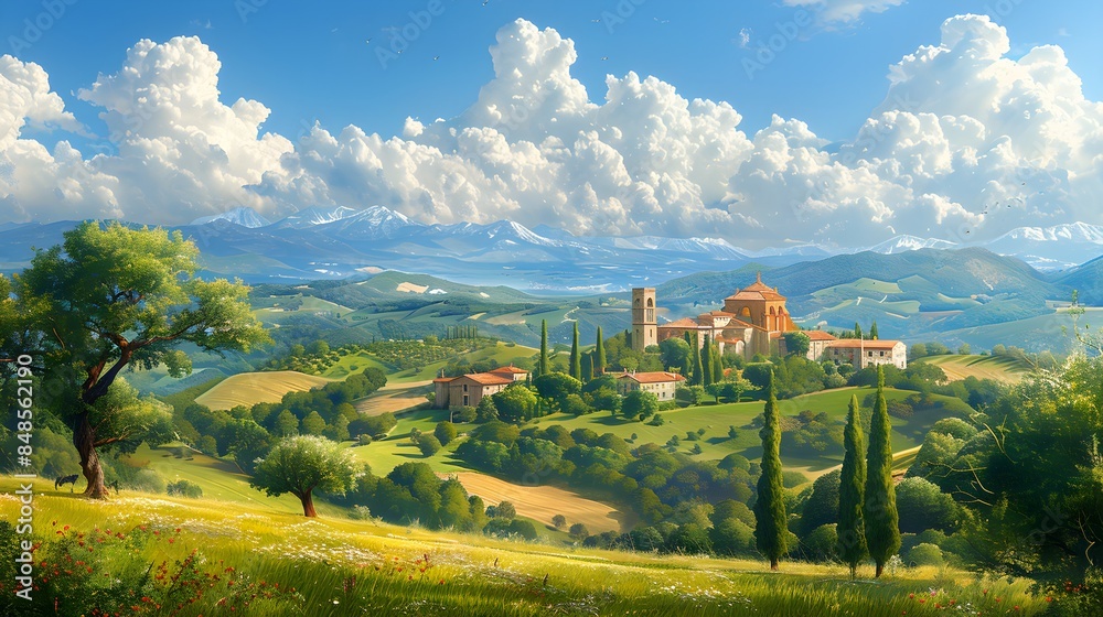 Obraz premium Wonderful European Landscape Image with Historic Buildings and Beautiful Rolling Fields