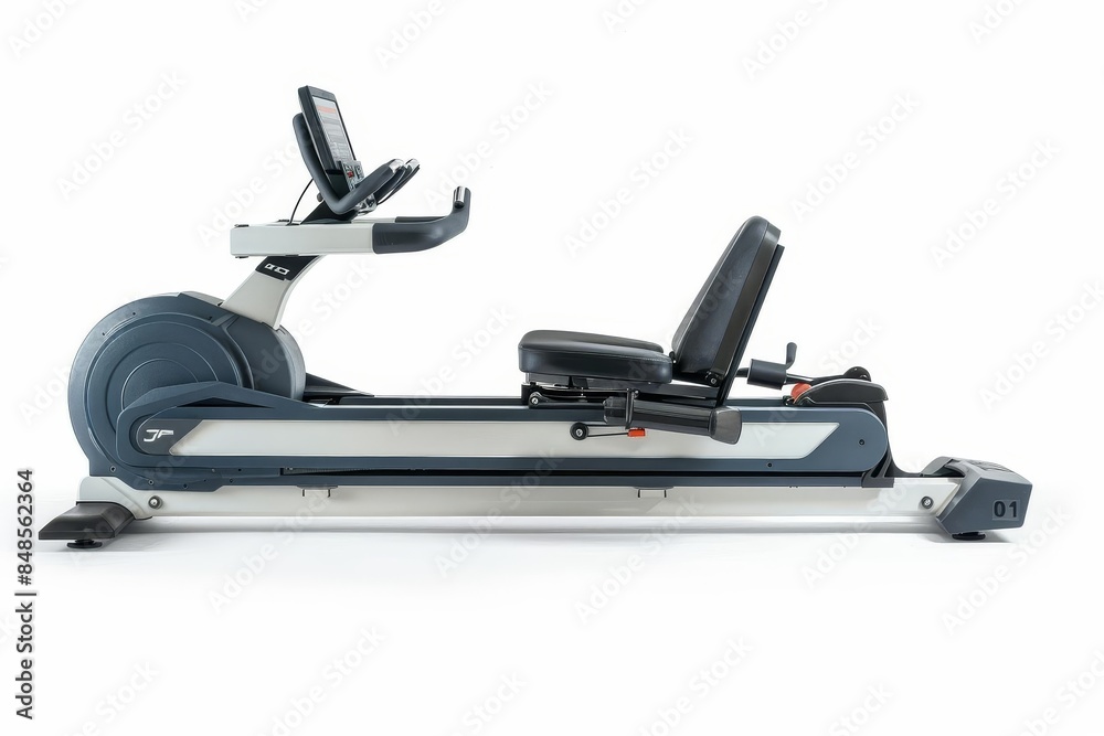 A rowing machine with a digital display and adjustable resistance settings, white background A rowing machine with a digital display and adjustable resistance settings, white background