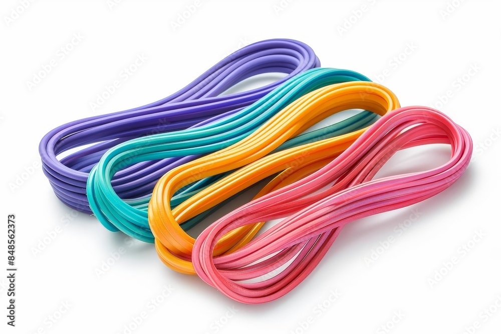 A set of colorful resistance bands in varying levels of resistance, neatly arranged and fully visible Isolated on a solid white background