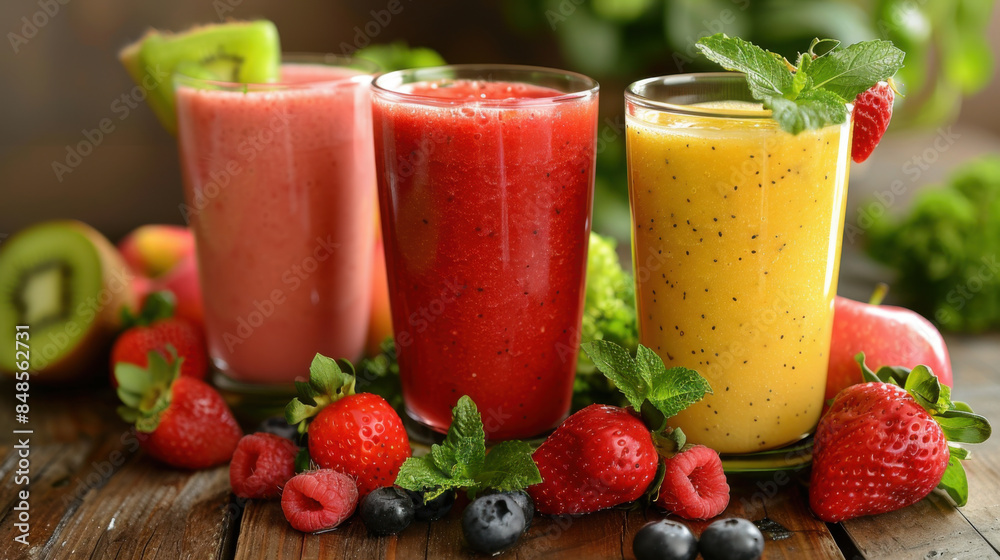 Three glasses of fresh fruit smoothies in various colors surrounded by berries and fruits on a wooden table. Three glasses of fresh fruit smoothies in various colors surrounded by berries and fruits on a wooden table.