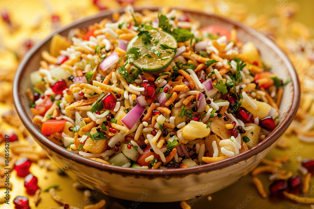 Vibrant Indian Street Food Bhel Puri in a Bowl, food photography