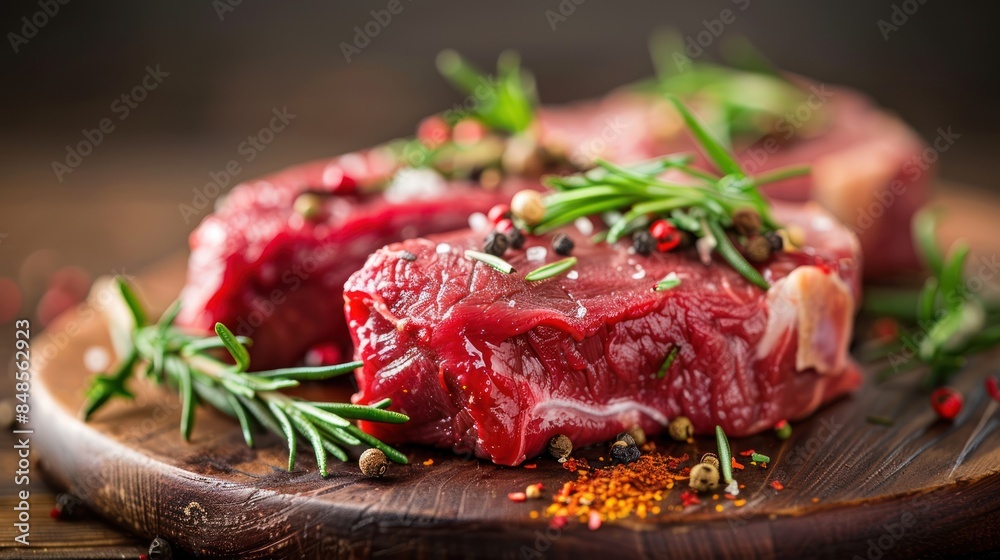 A piece of meat with herbs and spices on top of a wooden cutting board. A piece of meat with herbs and spices on top of a wooden cutting board.