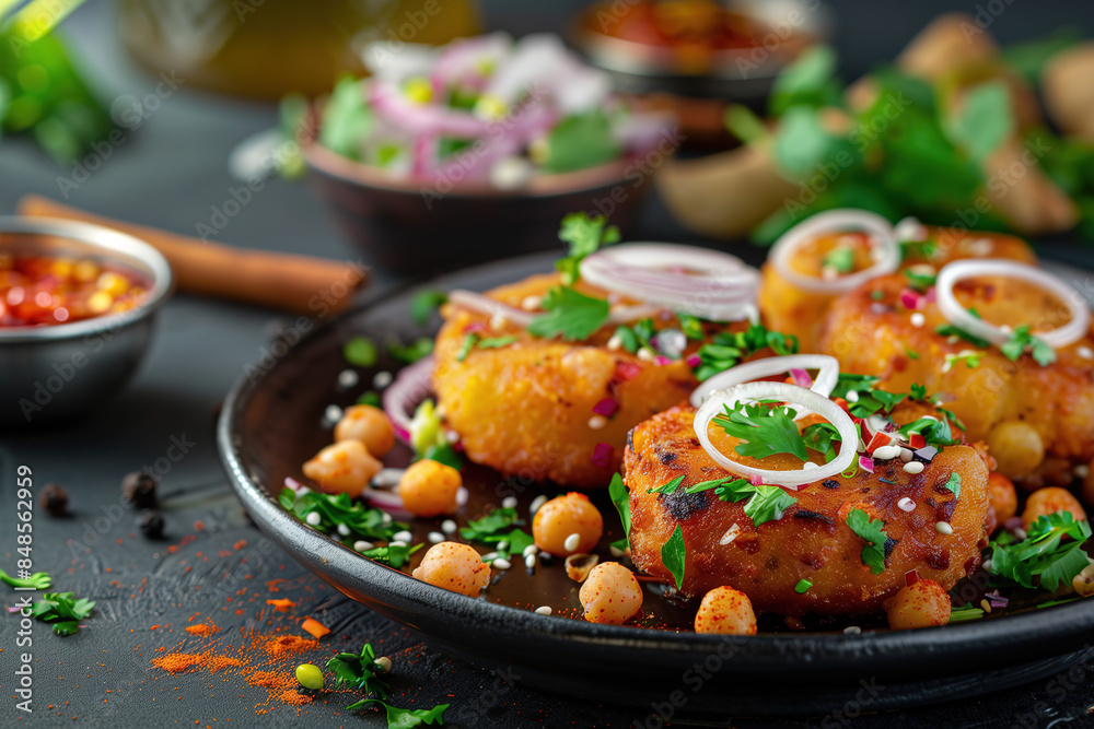 Indian Street Food Aloo Tikki with Spiced Chickpeas and Tamarind Chutney Plated Beautifully Indian Street Food Aloo Tikki with Spiced Chickpeas and Tamarind Chutney Plated Beautifully