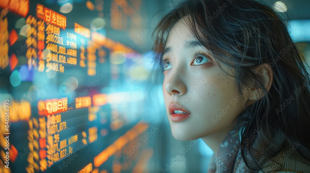 Woman Gazing at a Neon Sign in a City Woman Gazing at a Neon Sign in a City