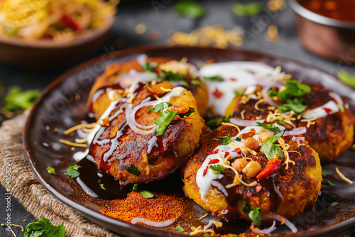 Indian Street Food Aloo Tikki with Spiced Chickpeas and Tamarind Chutney photo