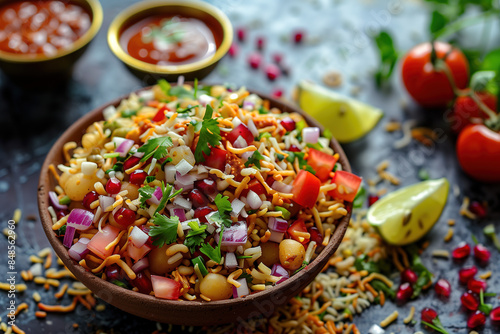 Vibrant Indian Street Food Bhel Puri in a Bowl, food photography photo