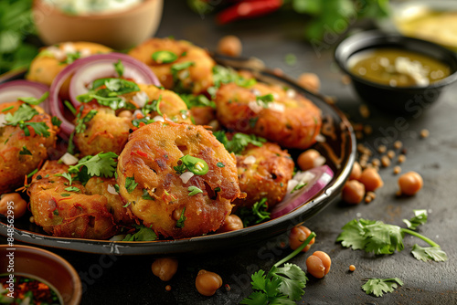 Indian Street Food Aloo Tikki with Spiced Chickpeas and Tamarind Chutney photo