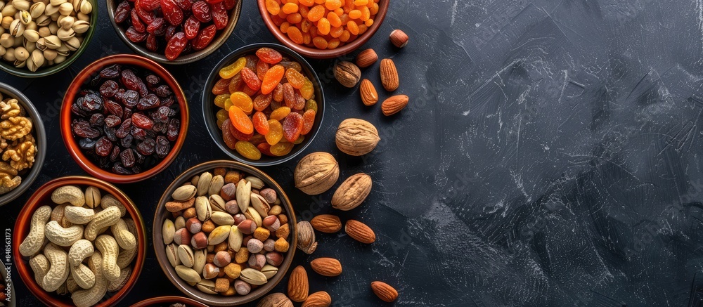 An array of nuts and dried fruits displayed on a stone table from above. An array of nuts and dried fruits displayed on a stone table from above.