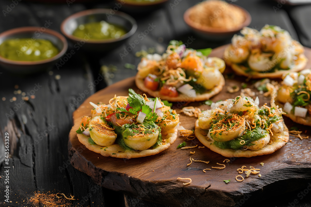 Indian Street Food Sev Puri with Tamarind and Green Chutneys Indian Street Food Sev Puri with Tamarind and Green Chutneys