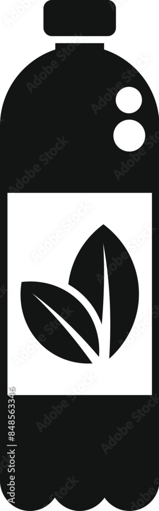 Black glyph icon representing a plastic bottle showing green leaves for eco friendly products Black glyph icon representing a plastic bottle showing green leaves for eco friendly products