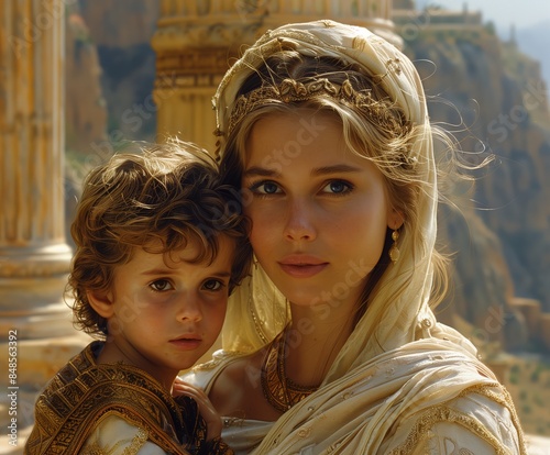 Biblical Figures Embracing Outdoors: Hannah & Samuel in Ultrarealistic Setting