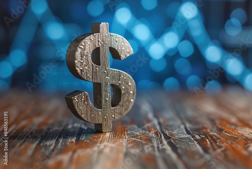 American Dollar Symbol Standing On Wood Surface In Front Of A Graph