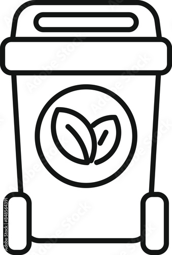 Line drawing of a mobile compost bin featuring a leaves logo, symbolizing organic waste collection