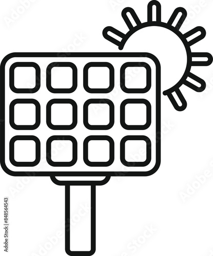 Line art icon of a solar panel converting sun rays into energy
