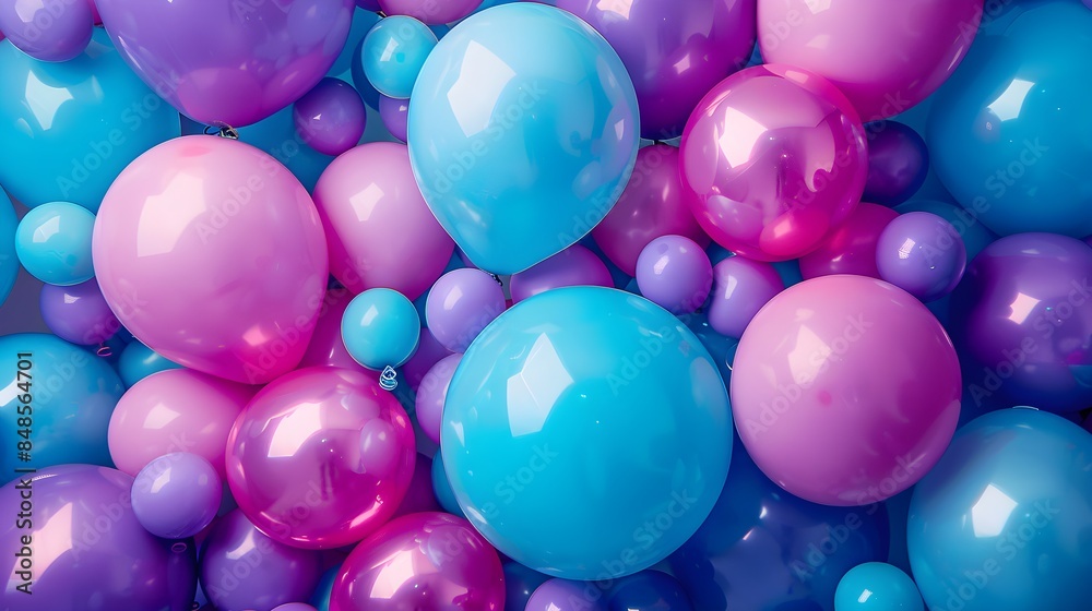 Blue, Violet and Turquoise Balloons Floating in the Air. Fun, Birthday Wallpaper. Blue, Violet and Turquoise Balloons Floating in the Air. Fun, Birthday Wallpaper.