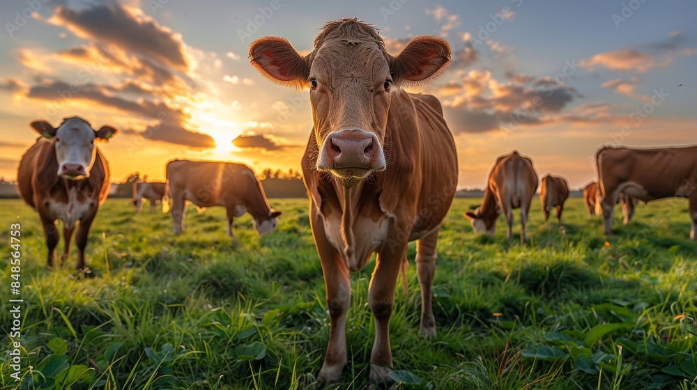 A herd of cows grazing in a field at sunset. The cows are brown and white, and the sun is setting in the background. A herd of cows grazing in a field at sunset. The cows are brown and white, and the sun is setting in the background.