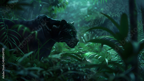 Graceful Black Panther in Moonlit Rainforest