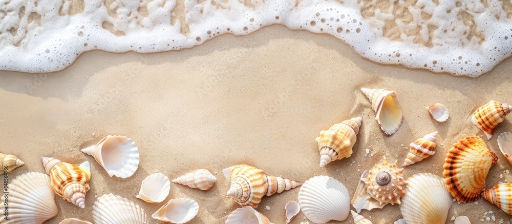 Top-down view of sandy beach background with shells, offering beach texture and ample copy space Top-down view of sandy beach background with shells, offering beach texture and ample copy space