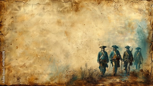 A group of soldiers marching into the mist, painted in a vintage style.