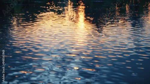 Evening lights reflecting off a calm lake surface