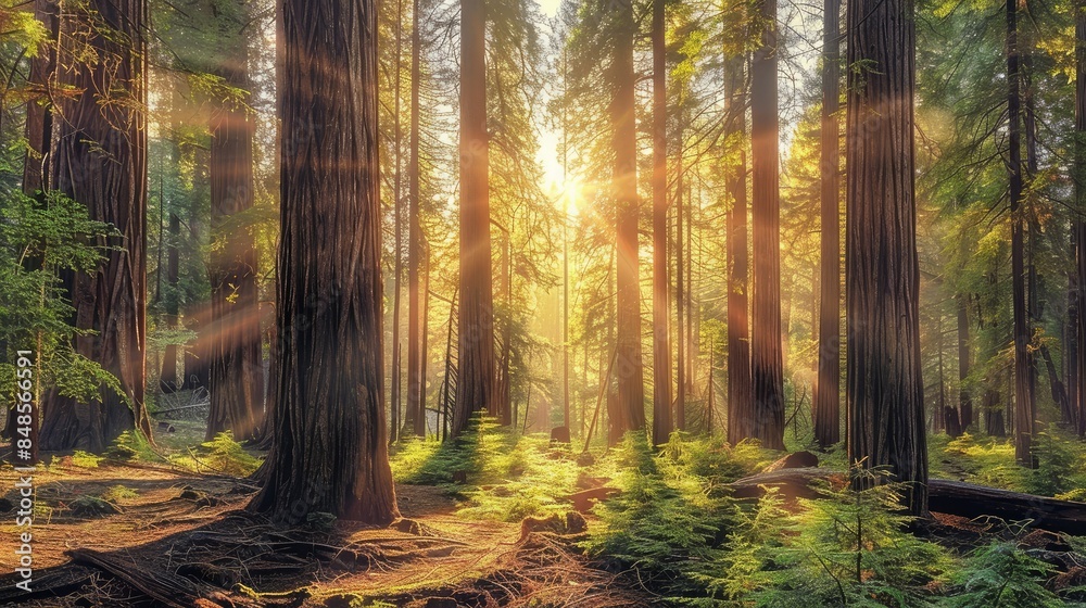 Fototapeta premium Majestic redwood forest with towering trees and dappled sunlight filtering through