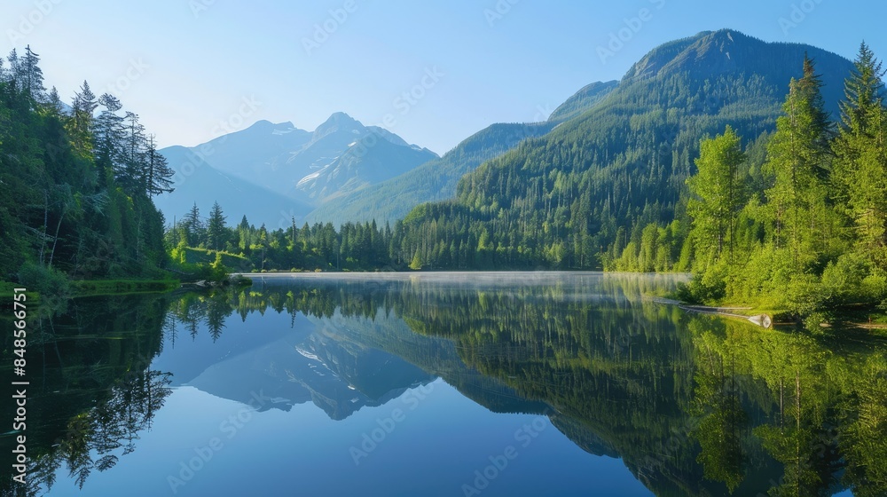 Peaceful lake nestled in a forested valley, with reflections of the surrounding mountains Peaceful lake nestled in a forested valley, with reflections of the surrounding mountains