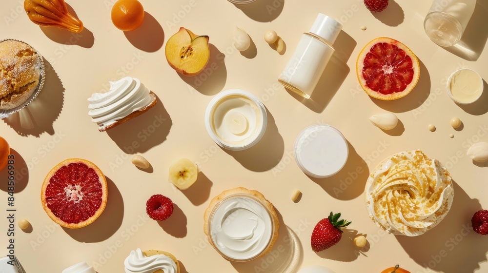 Product assortment featuring skincare creams, pastries, fruits, and serums against beige Product assortment featuring skincare creams, pastries, fruits, and serums against beige