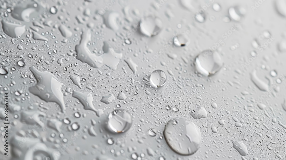 Close-up of water droplets on a smooth, gray surface
