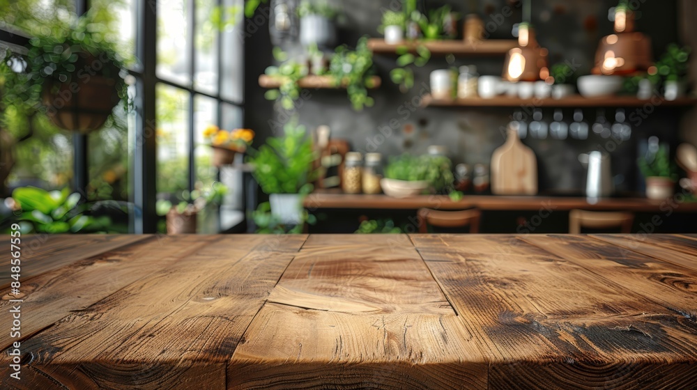 Rustic wooden table top with a blurred background of a cozy cafe with plants and shelves. Rustic wooden table top with a blurred background of a cozy cafe with plants and shelves.
