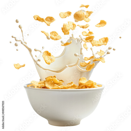 cornflakes with milk splash in white bowl isolated on transparent white background, clipping path