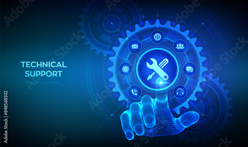 Technical support. Customer help. Tech support. Customer service, Business and technology concept. Wireframe hand touching digital interface with connected gears cogs and icons. Vector illustration.