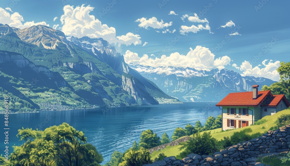 minimalism beautiful view of Switzerland. Anime style,simple quirky water color