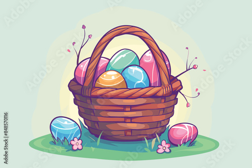  Vector art illustration easter basket with easter eggs on a white background a drawing of a basket of eggs in grass and a drawing of grass and a tree branch basket of painted generative ai