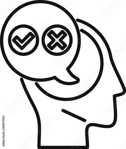 Human head thinking with check and cross marks inside speech bubble icon, thinking process concept