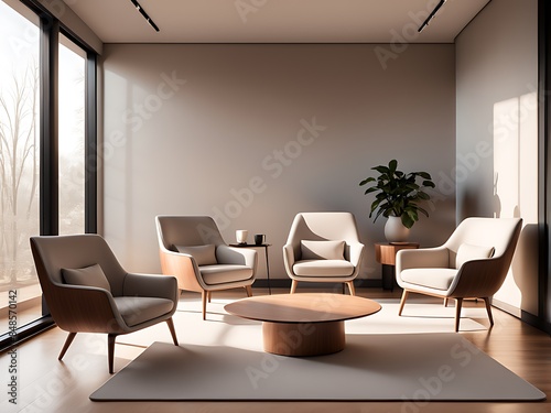  Cozy minimalist studio. Empty studio without people designing. Studio for podcasts or interviews. Stylish studio design. Two comfortable armchairs with lighting and a coffee table design. 