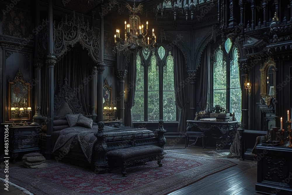 Fototapeta premium Victorian Gothic bedroom decor with dark colors and ornate details