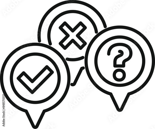 Three speech bubbles showing check mark, cross mark and question mark, making a decision concept