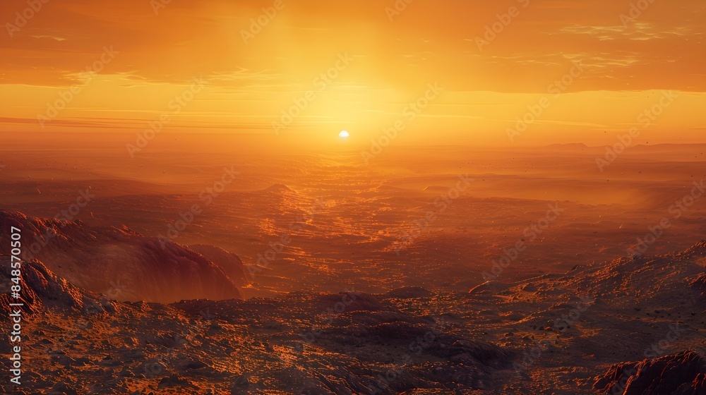 Fototapeta premium Atmospheric Panorama on the Surface of Mars. Martian Landscape Photo with Hazy Orange Sky