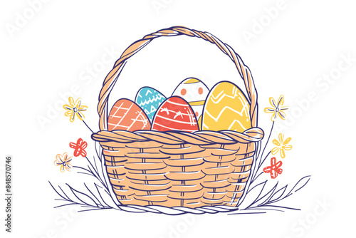  Vector art illustration easter basket with easter eggs on a white background a drawing of a basket of eggs in grass and a drawing of grass and a tree branch basket of painted generative ai