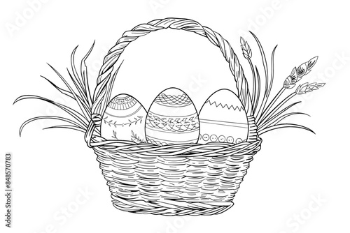  Vector art illustration easter basket with easter eggs on a white background a drawing of a basket of eggs in grass and a drawing of grass and a tree branch basket of painted generative ai