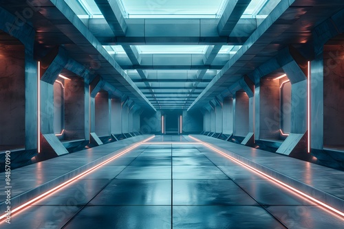 Futuristic Interior with Glossy Concrete Surfaces and Science Fiction Lighting Panels. Modern Tech Background