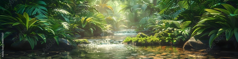 Atmospheric Jungle Photograph with Running Stream and Tropical Plants. Lush Natural Environment Atmospheric Jungle Photograph with Running Stream and Tropical Plants. Lush Natural Environment