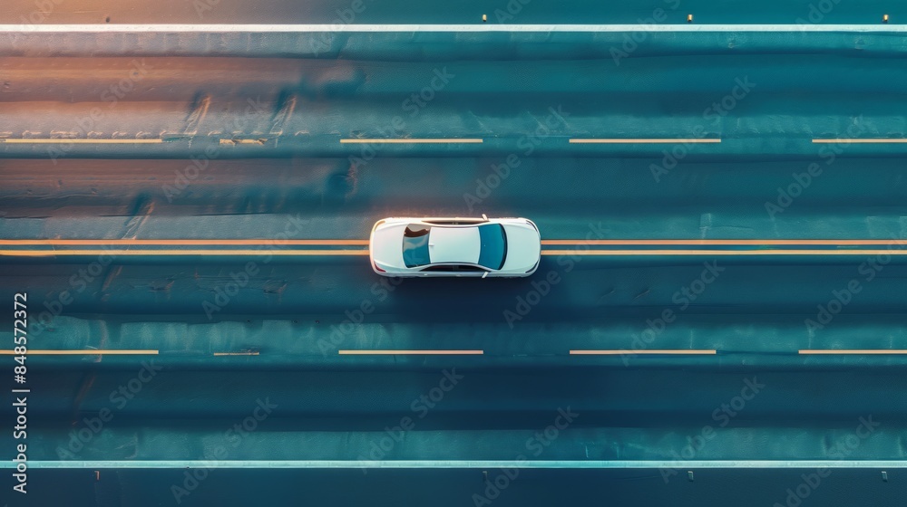 Aerial View of a White Car on a Highway Aerial View of a White Car on a Highway