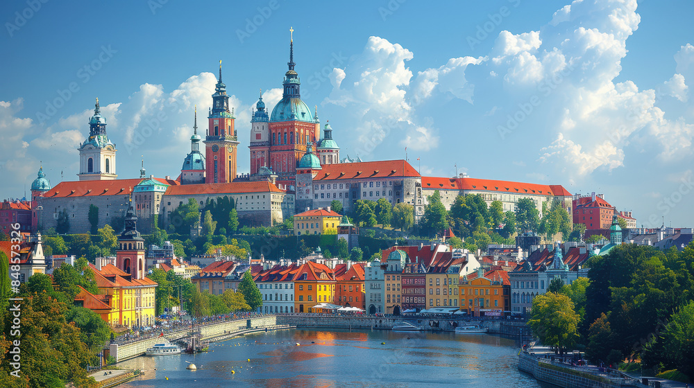 Obraz premium Warsaw, Poland city skyline created with Generative AI technology