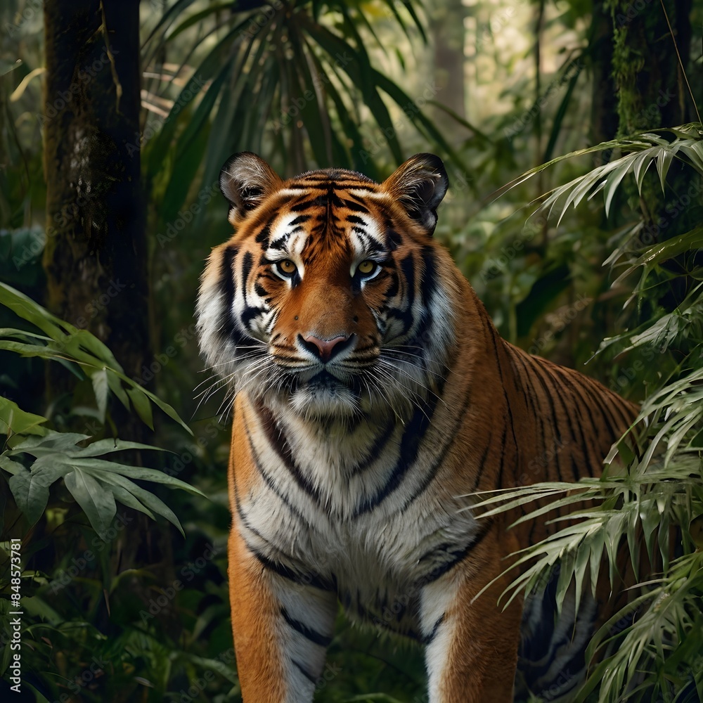 Majestic tiger, male, fierce and regal features, orange fur with black stripes and intense amber eyes. Majestic tiger, male, fierce and regal features, orange fur with black stripes and intense amber eyes.