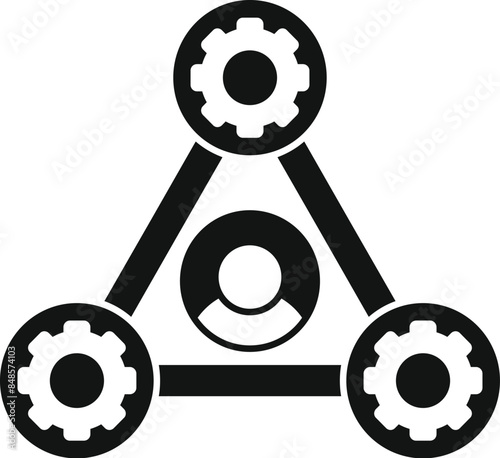 Black and white icon of a manager connecting with gears, symbolizing teamwork and collaboration