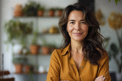 Confident stylish mature mid aged woman standing at home office. Mature businesswoman, brunette lady executive business leader manager looking at camera