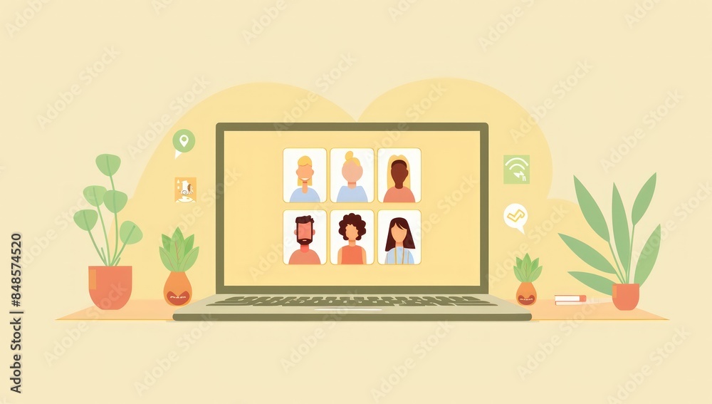 A laptop with several people's avatars on the screen A laptop with several people's avatars on the screen