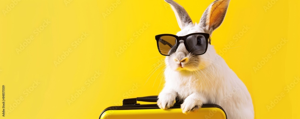The rabbit wears sunglasses and carries a hand with a pure white background to push a suitcase to travel, travel concept The rabbit wears sunglasses and carries a hand with a pure white background to push a suitcase to travel, travel concept