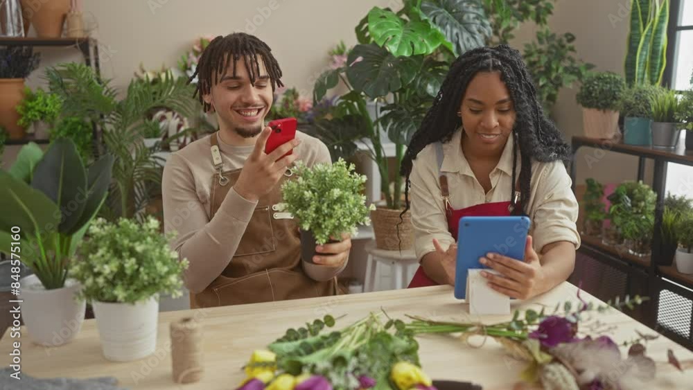 Man and woman florists using smartphone and tablet in a plant-filled flower shop Man and woman florists using smartphone and tablet in a plant-filled flower shop